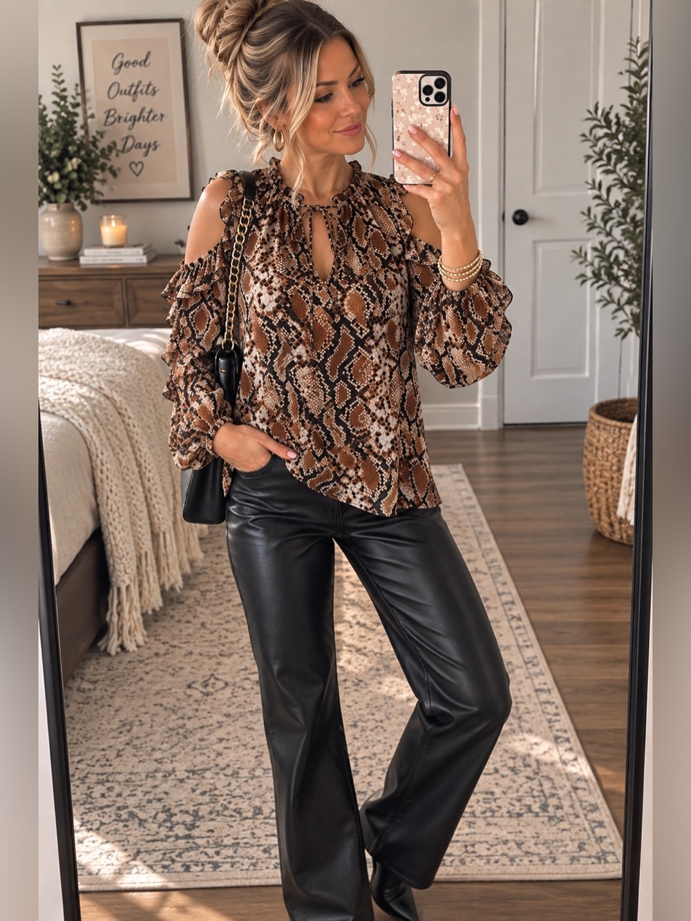 Snake Print Cold Shoulder Ruffle Blouse XS Tie Neck